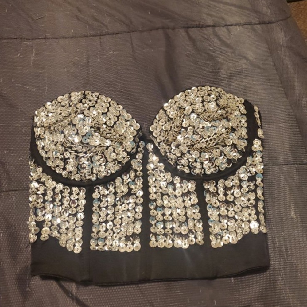 Silver and Black Rhinestone Embellished Bra